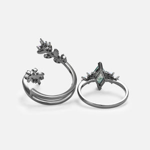 Black Gold Moss Agate & Opal & Emerald Cage Leafy Engagement Ring 2pcs - Knight