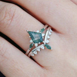 Kite Cut Moss Agate Cluster Engagement Ring Sets 2pcs