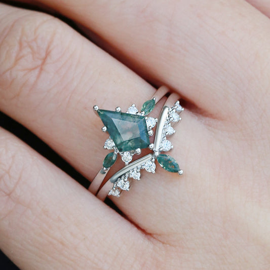 Kite Cut Moss Agate Cluster Engagement Ring Sets 2pcs