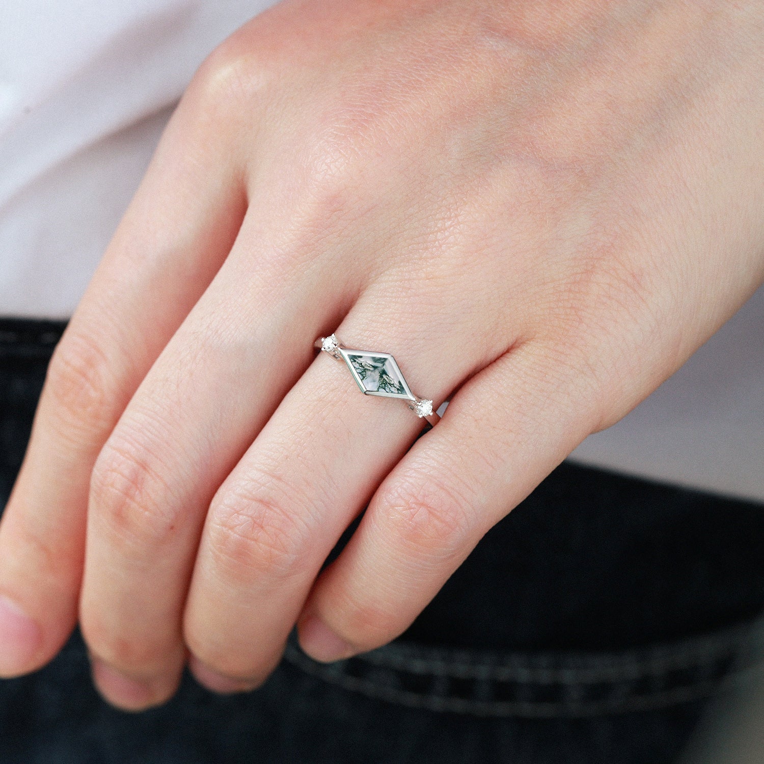 East-West Moss Agate Rhombus Cut Bezel Set Ring