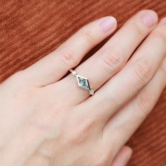 East-West Moss Agate Rhombus Cut Bezel Set Ring