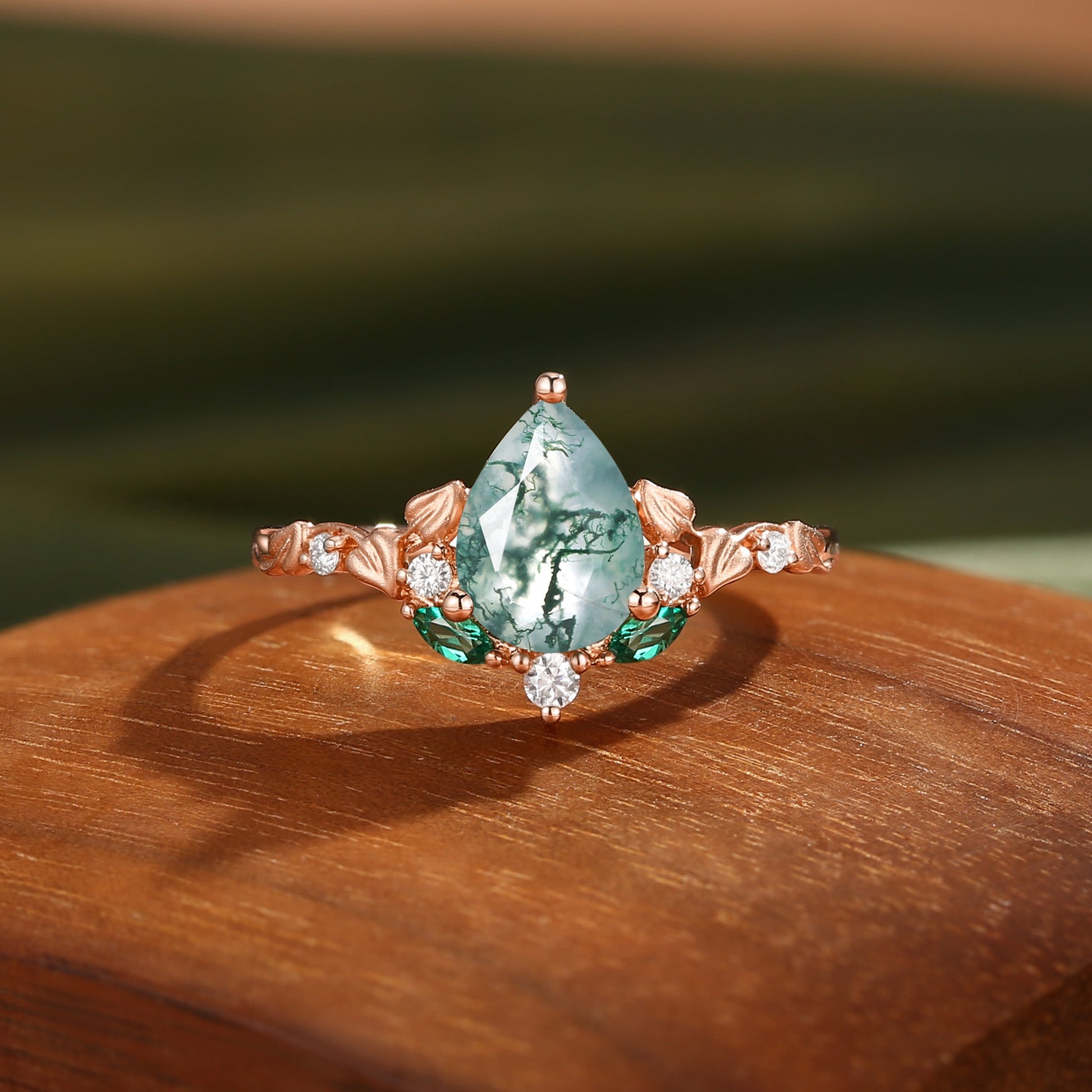 Hedera Heart Leaf Moss Agate Engagement Ring