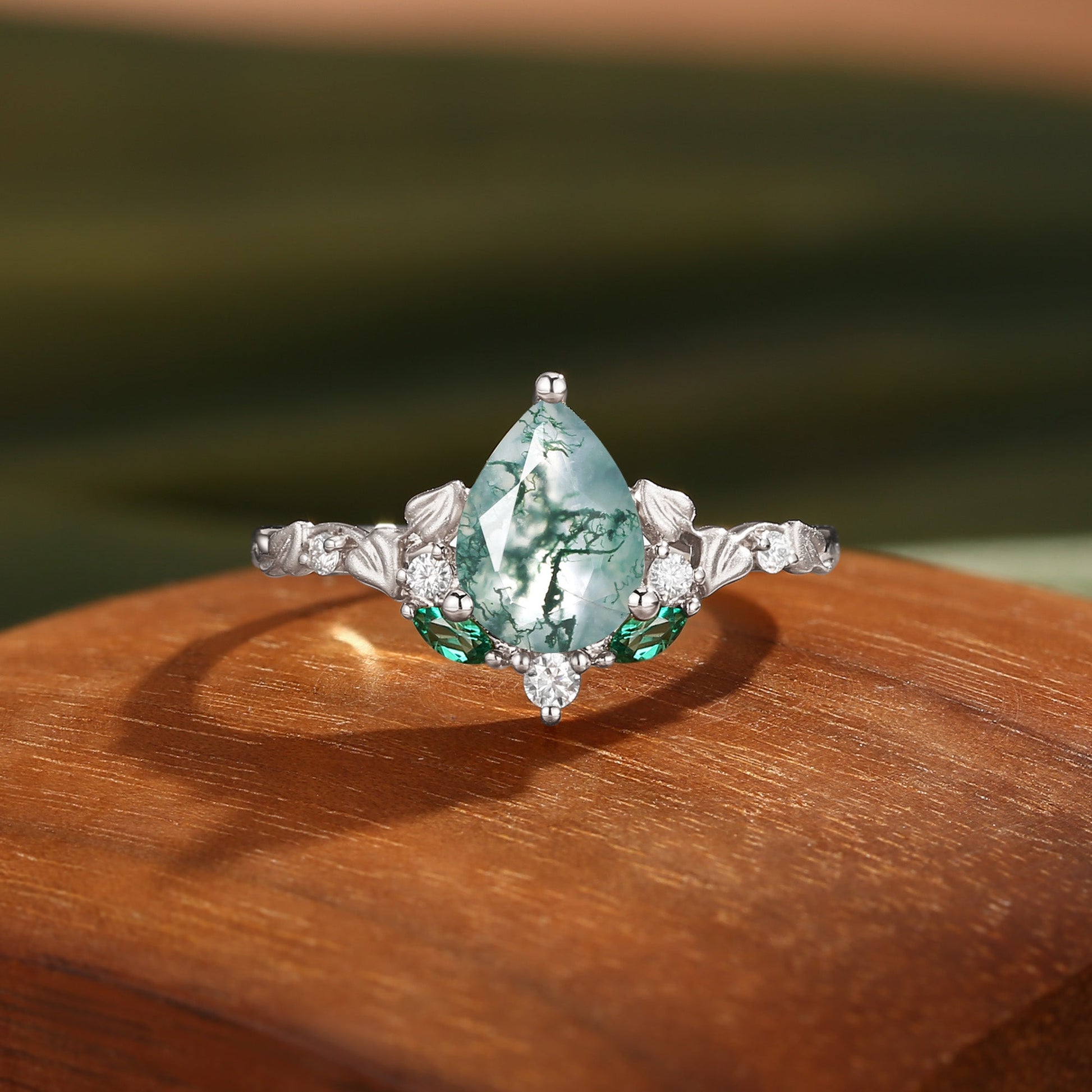 Hedera Heart Leaf Moss Agate Engagement Ring
