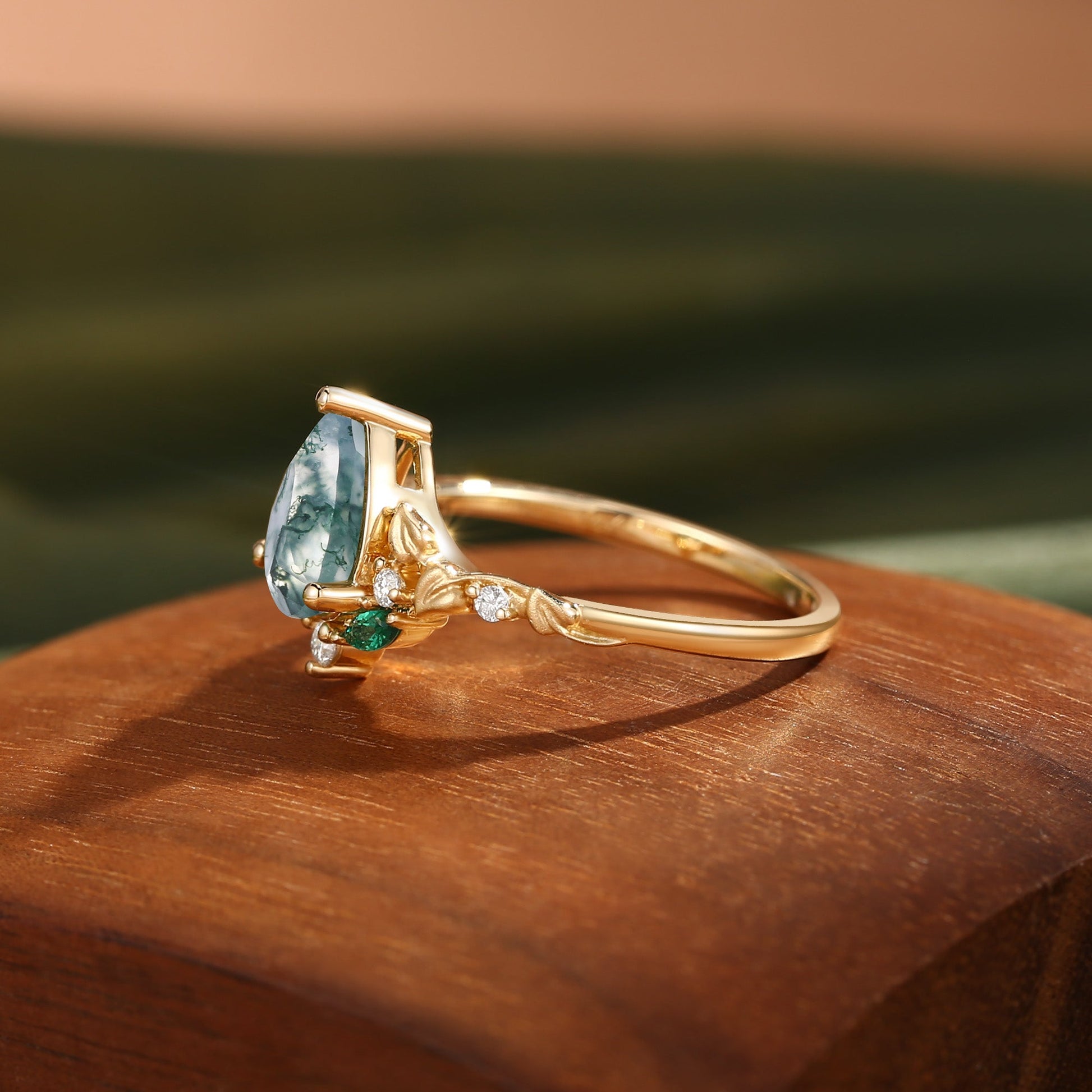 Hedera Heart Leaf Moss Agate Engagement Ring