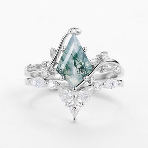 Unique Kite Cut Moss Agate Vine Engagement Ring Sets 2pcs