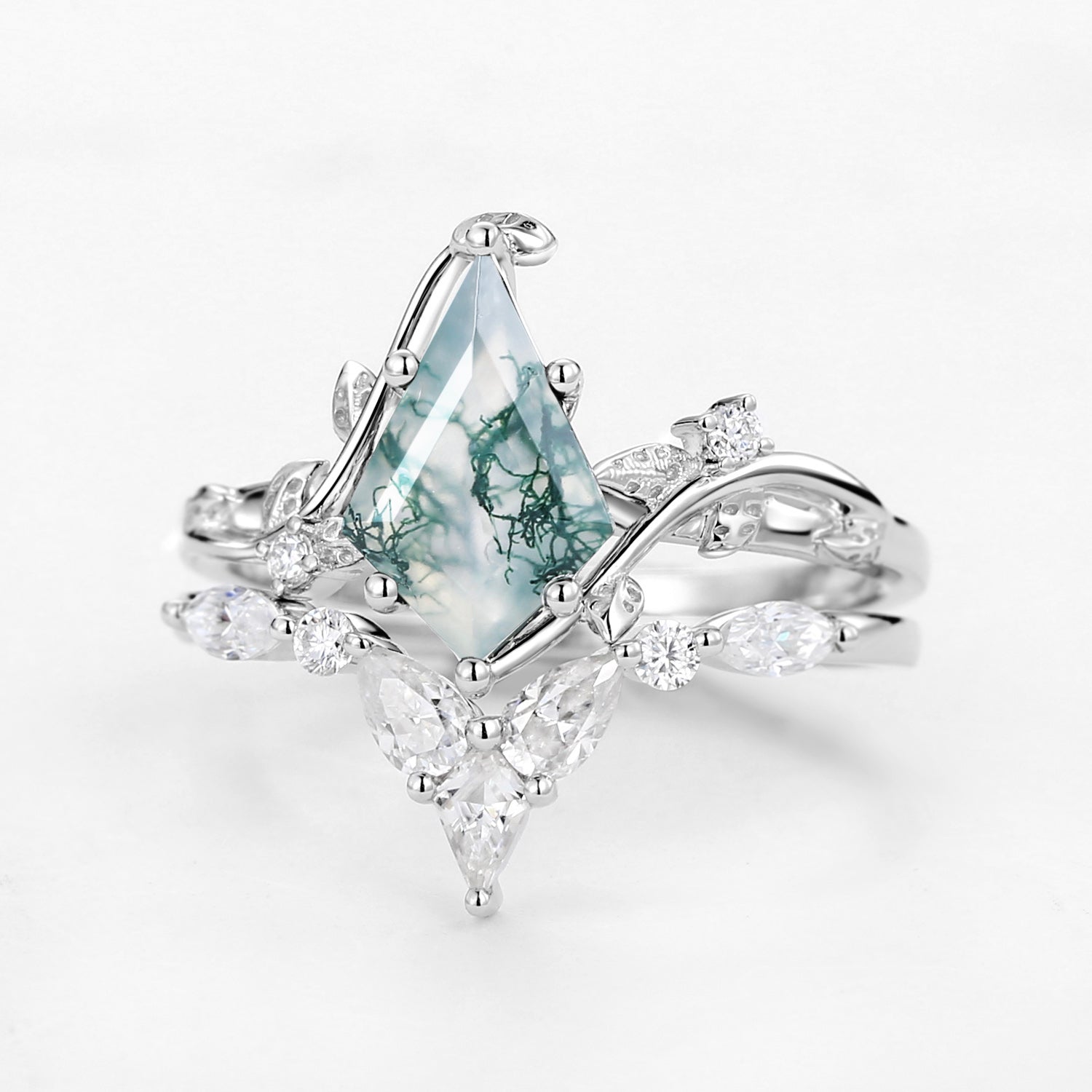 Unique Kite Cut Moss Agate Vine Engagement Ring Sets 2pcs