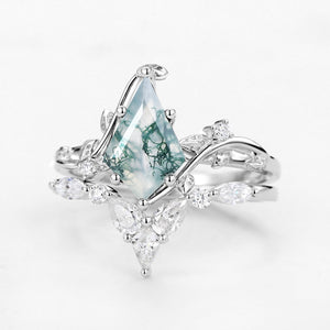 Unique Kite Cut Moss Agate Vine Engagement Ring Sets 2pcs
