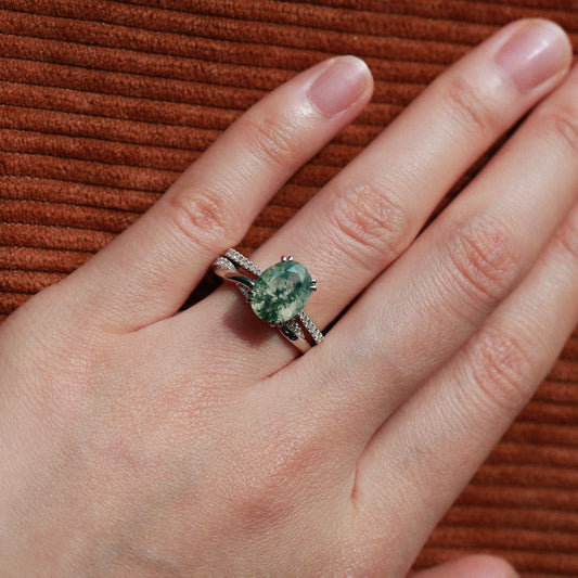 2.0ct Oval Moss Agate Rose Gold Ring Set 2pcs