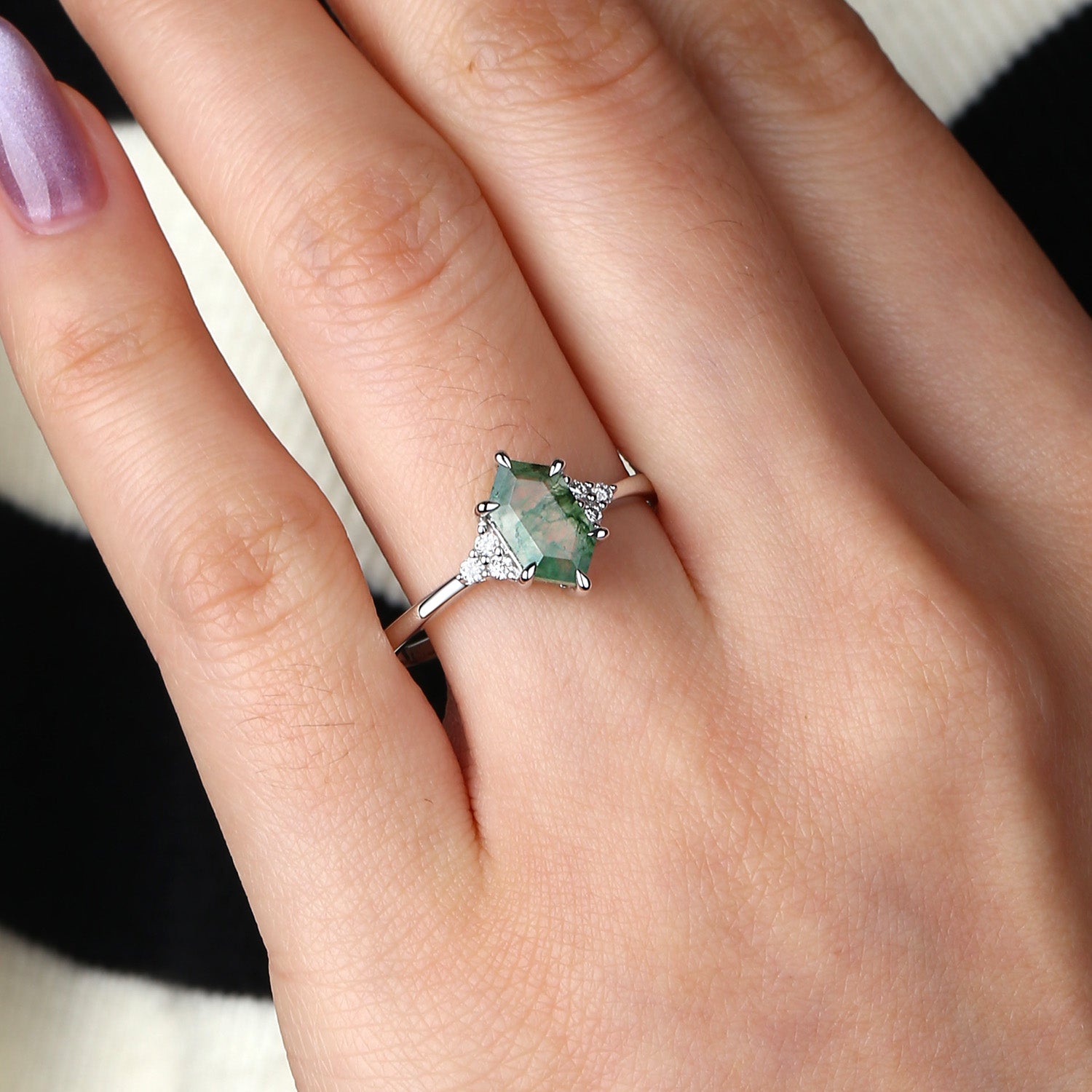 Black Gold Hexagon Moss Agate 3 Stone Engagement Ring - Nova