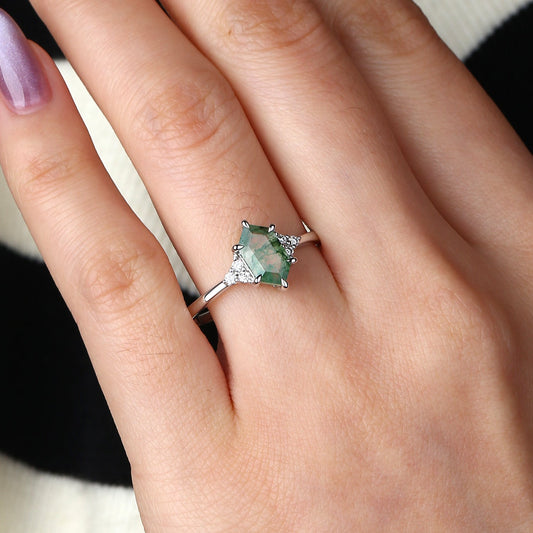 Black Gold Hexagon Moss Agate 3 Stone Engagement Ring - Nova