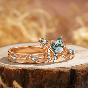 Sylvie’s Bower | Kite Cut Moss Agate Leafy Cluster Couple Ring Set 3pcs