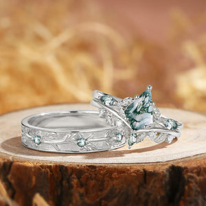 Sylvie’s Bower | Kite Cut Moss Agate Leafy Cluster Couple Ring Set 3pcs