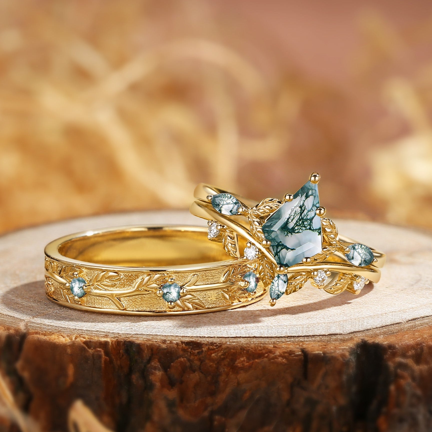Sylvie’s Bower | Kite Cut Moss Agate Leafy Cluster Couple Ring Set 3pcs