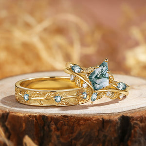 Sylvie’s Bower | Kite Cut Moss Agate Leafy Cluster Couple Ring Set 3pcs
