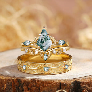 Sylvie’s Bower | Kite Cut Moss Agate Leafy Cluster Couple Ring Set 3pcs