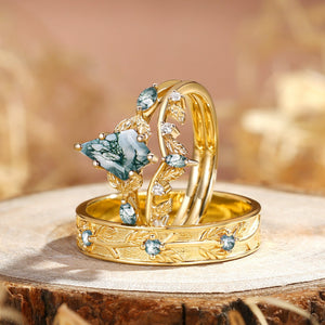 Sylvie’s Bower | Kite Cut Moss Agate Leafy Cluster Couple Ring Set 3pcs