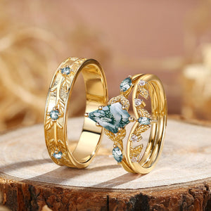 Sylvie’s Bower | Kite Cut Moss Agate Leafy Cluster Couple Ring Set 3pcs