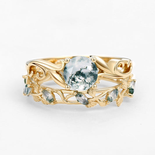 Moss Agate Round Shaped Leafy Marquise Engagement Ring Sets