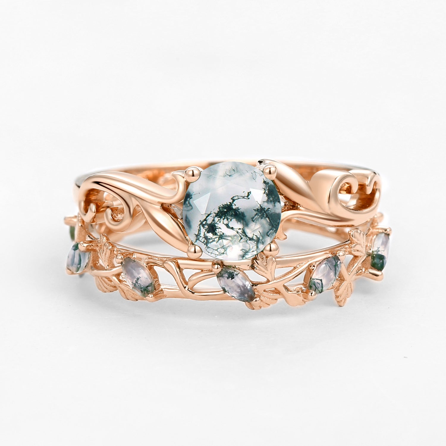 Moss Agate Round Shaped Leafy Marquise Engagement Ring Sets