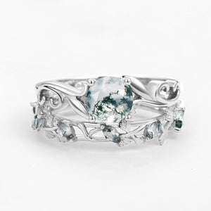 Moss Agate Round Shaped Leafy Marquise Engagement Ring Sets