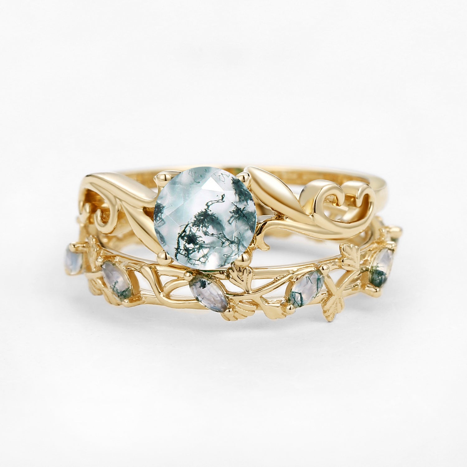 Moss Agate Round Shaped Leafy Marquise Engagement Ring Sets