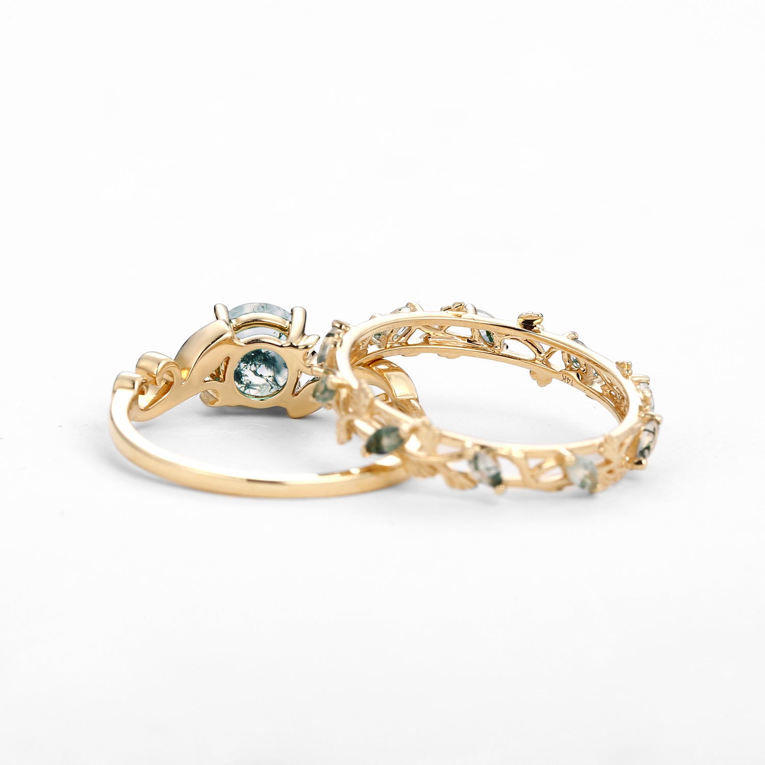 Moss Agate Round Shaped Leafy Marquise Engagement Ring Sets
