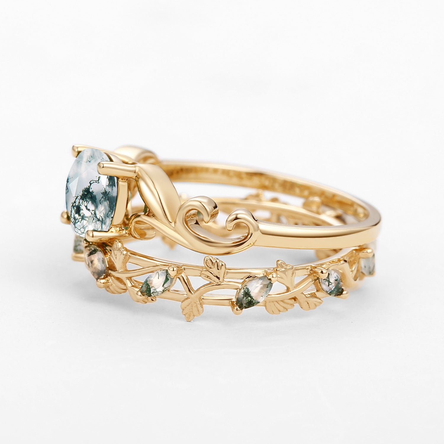 Moss Agate Round Shaped Leafy Marquise Engagement Ring Sets