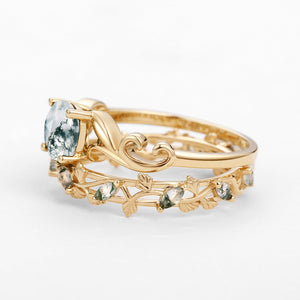 Moss Agate Round Shaped Leafy Marquise Engagement Ring Sets