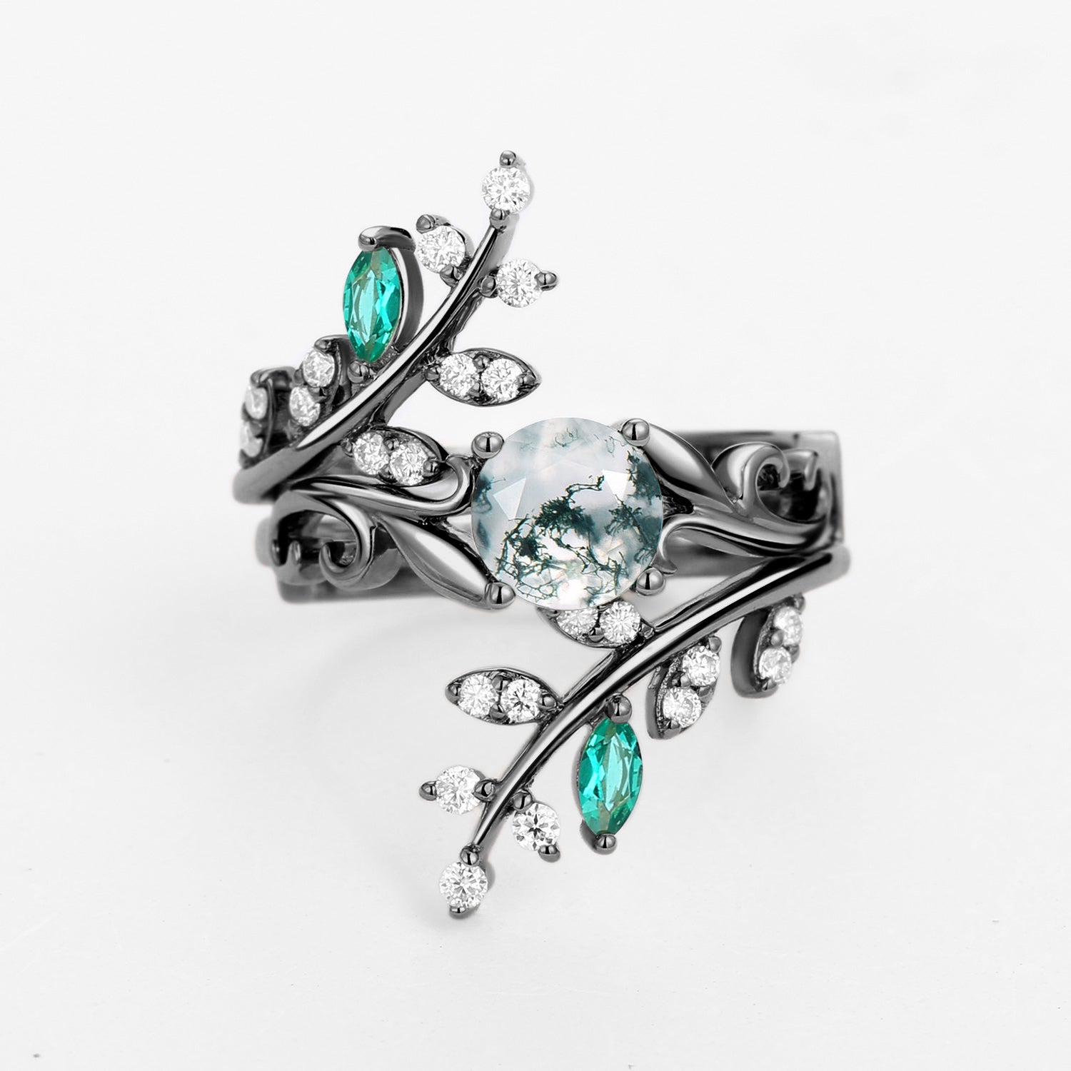 Round Shaped Moss Agate & Emerald Engagement Ring Sets 2PCS