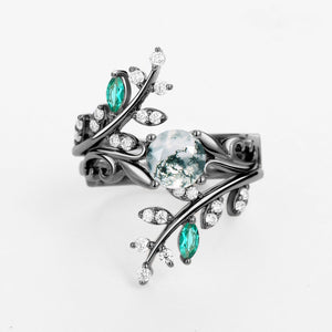 Forest Bloom – Round Cut Moss Agate & Emerald Bridal Set 2pcs