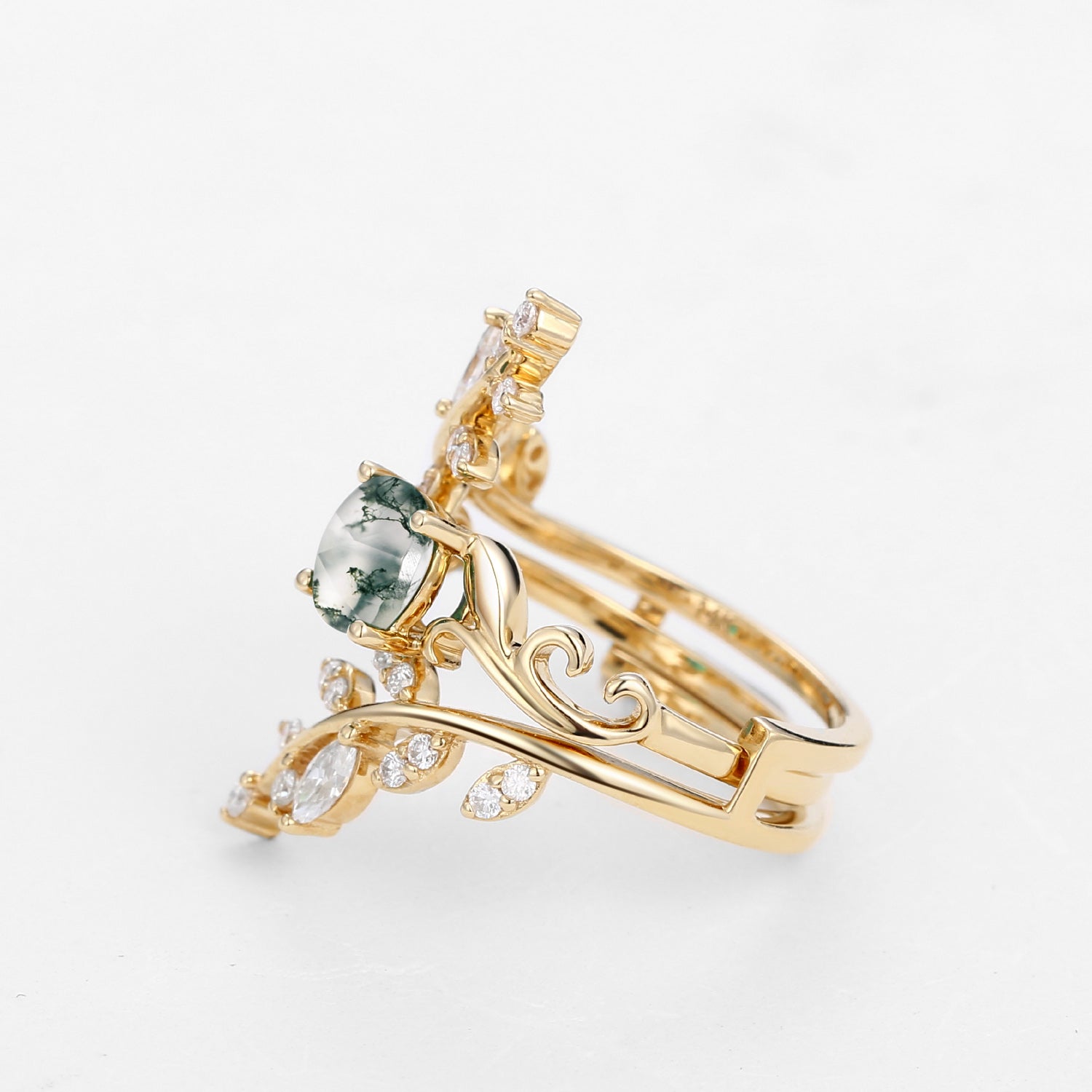 Round Shaped Vine Moss Agate Engagement Ring Sets 2PCS
