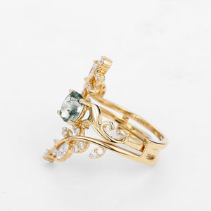 Round Shaped Vine Moss Agate Engagement Ring Sets 2PCS