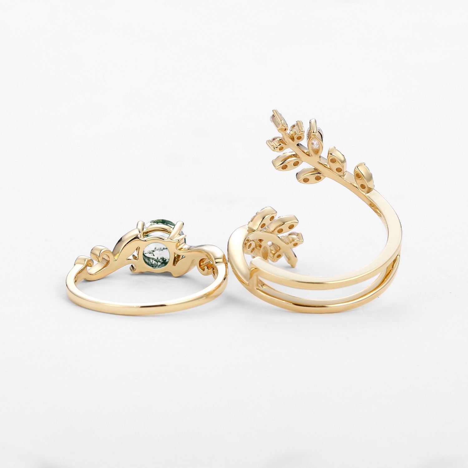 Round Shaped Vine Moss Agate Engagement Ring Sets 2PCS