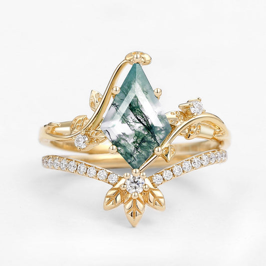 Unique Moss Agate Three Leaves Engagement Ring Set 2pcs - Ella