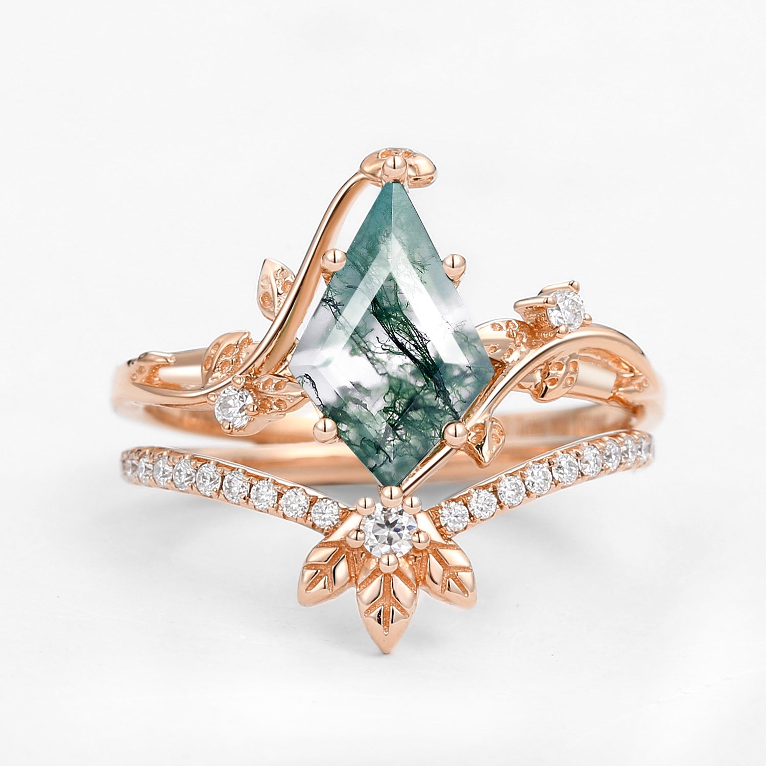 Unique Moss Agate Three Leaves Engagement Ring Set 2pcs - Ella