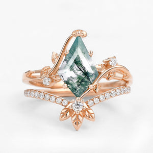 Unique Moss Agate Three Leaves Engagement Ring Set 2pcs - Ella