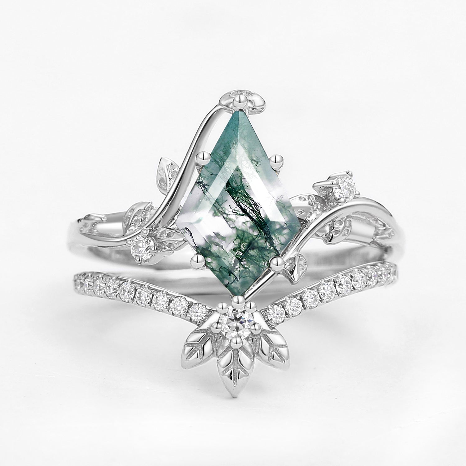 Unique Moss Agate Three Leaves Engagement Ring Set 2pcs - Ella