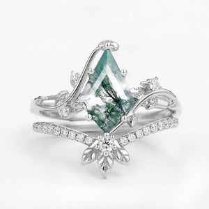 Unique Moss Agate Three Leaves Engagement Ring Set 2pcs - Ella