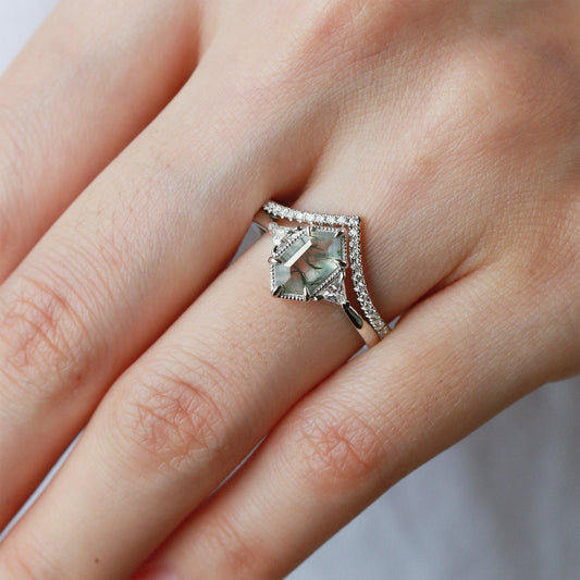 Hexagon Moss Agate Three Stone Engagement Ring Set 2pcs