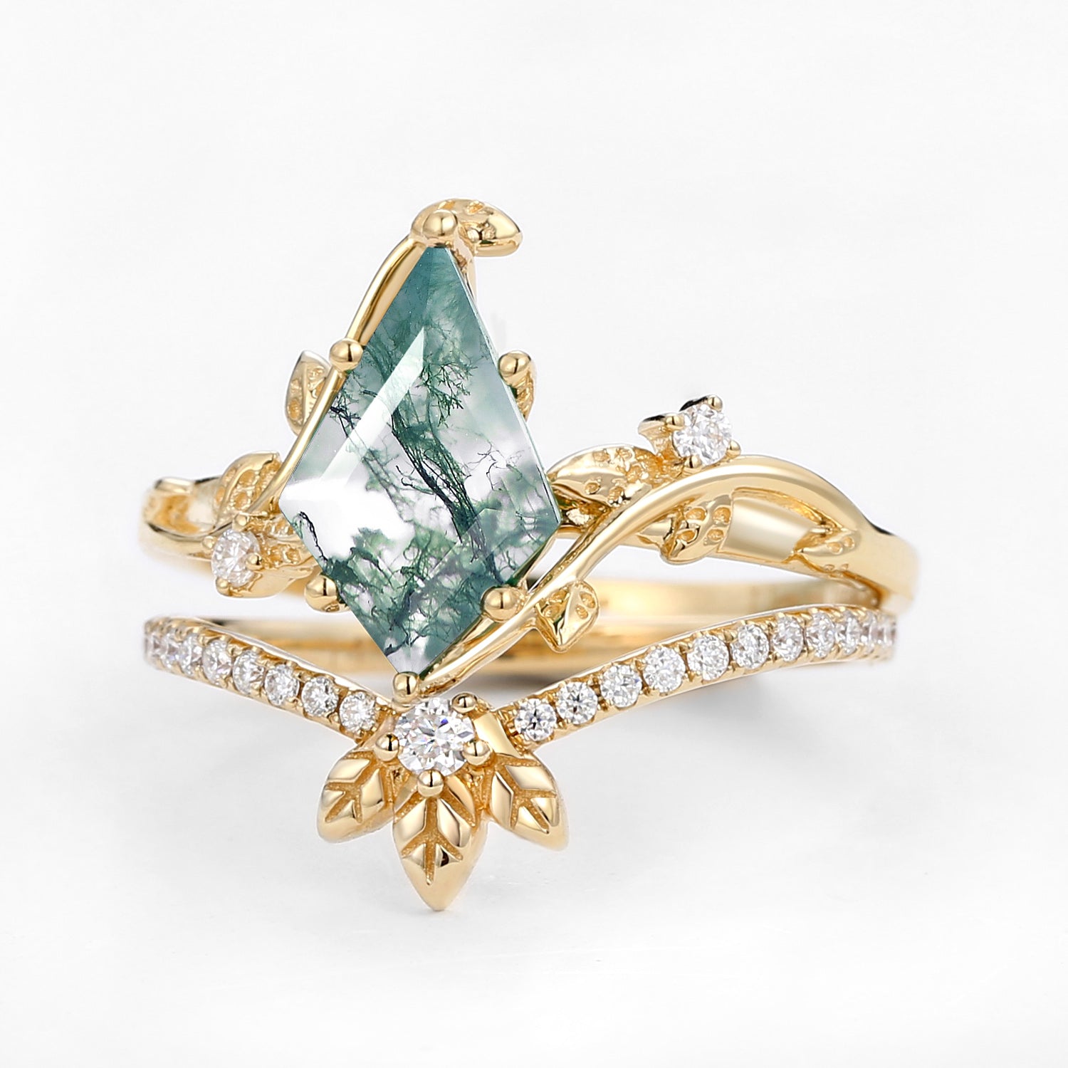 Unique Moss Agate Three Leaves Engagement Ring Set 2pcs - Ella