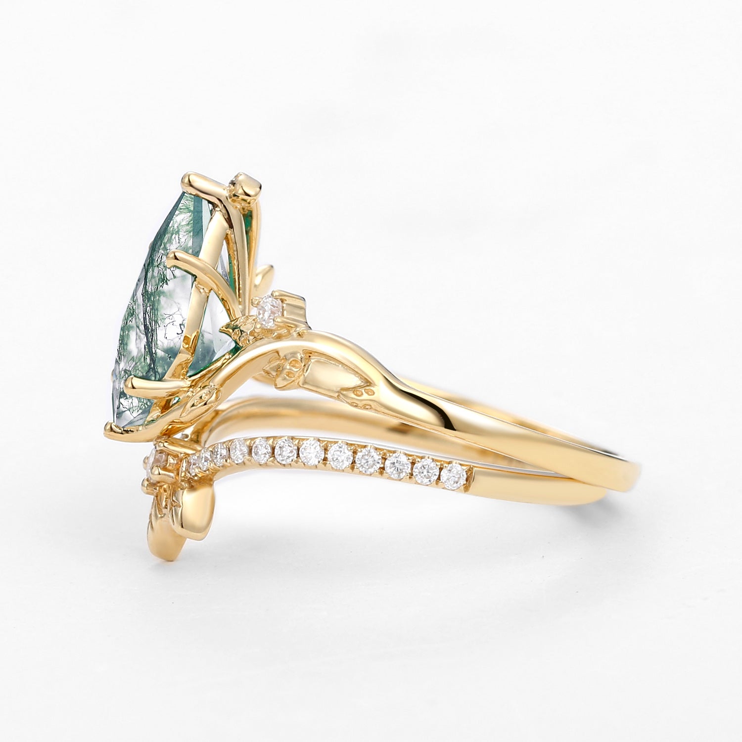 Unique Moss Agate Three Leaves Engagement Ring Set 2pcs - Ella