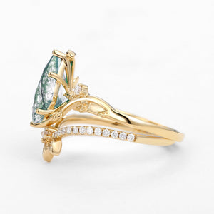 Unique Moss Agate Three Leaves Engagement Ring Set 2pcs - Ella