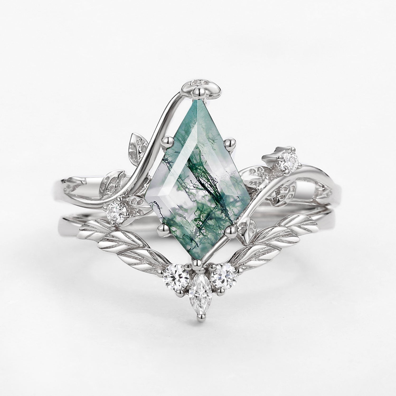 Moss Agate Kite Cut Vine Engagement Ring Set 2pcs - Twigs