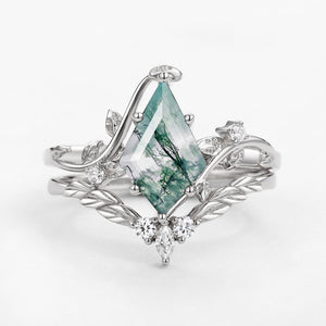 Moss Agate Kite Cut Vine Engagement Ring Set 2pcs - Twigs