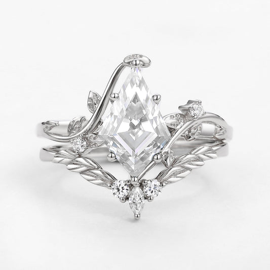 Moss Agate Kite Cut Vine Engagement Ring Set 2pcs - Twigs