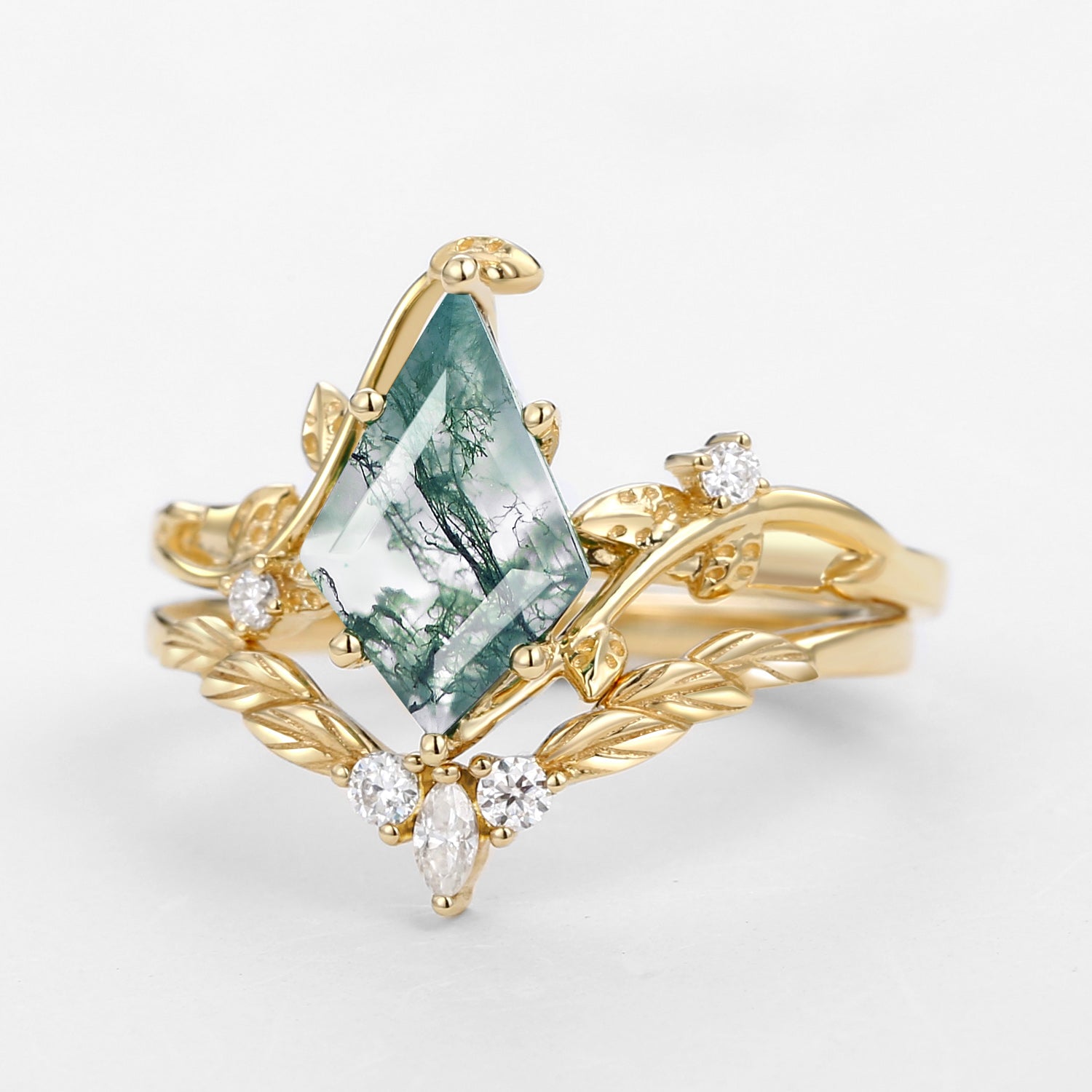 Moss Agate Kite Cut Vine Engagement Ring Set 2pcs - Twigs