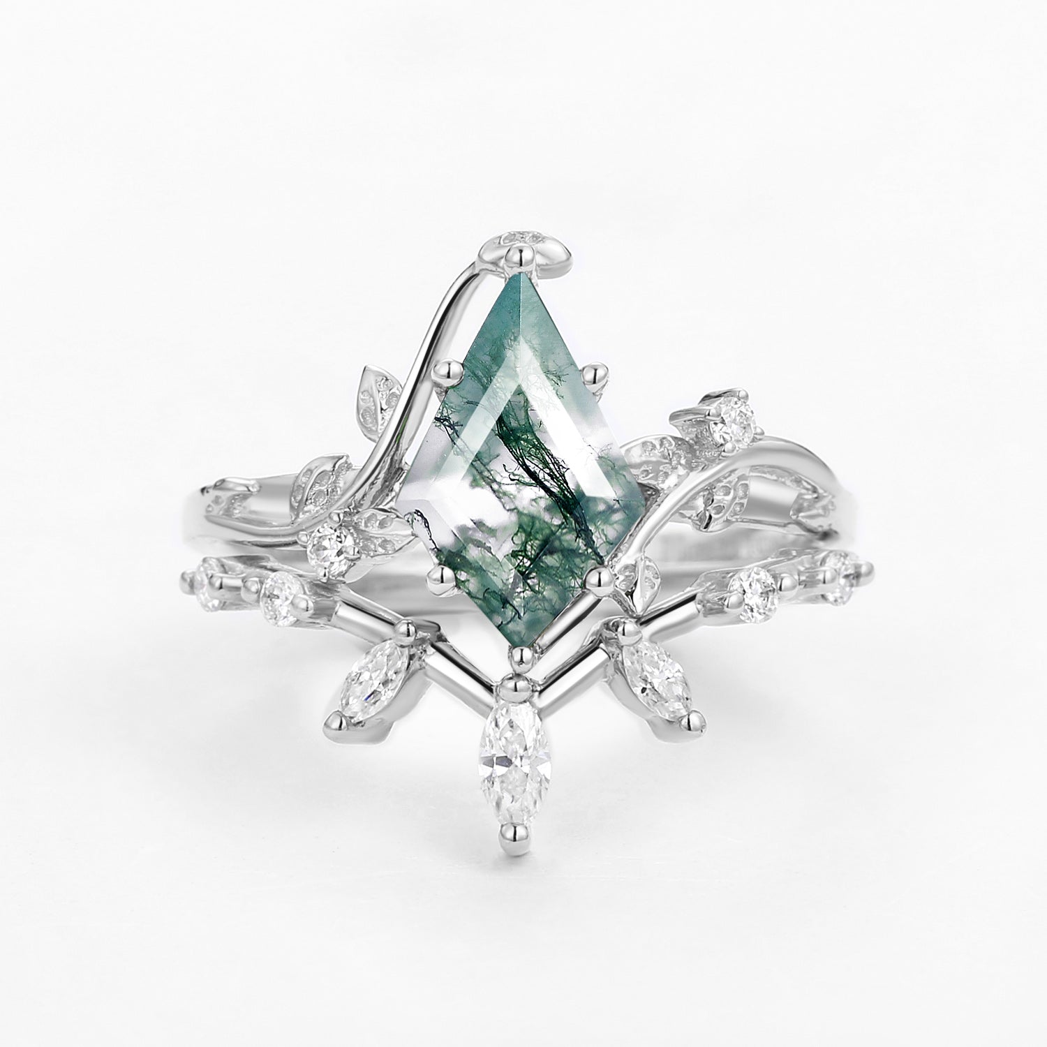 Moss Agate Leafy Marquise Engagement Ring Set 2pcs