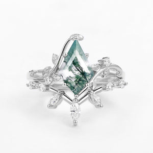 Moss Agate Leafy Marquise Engagement Ring Set 2pcs