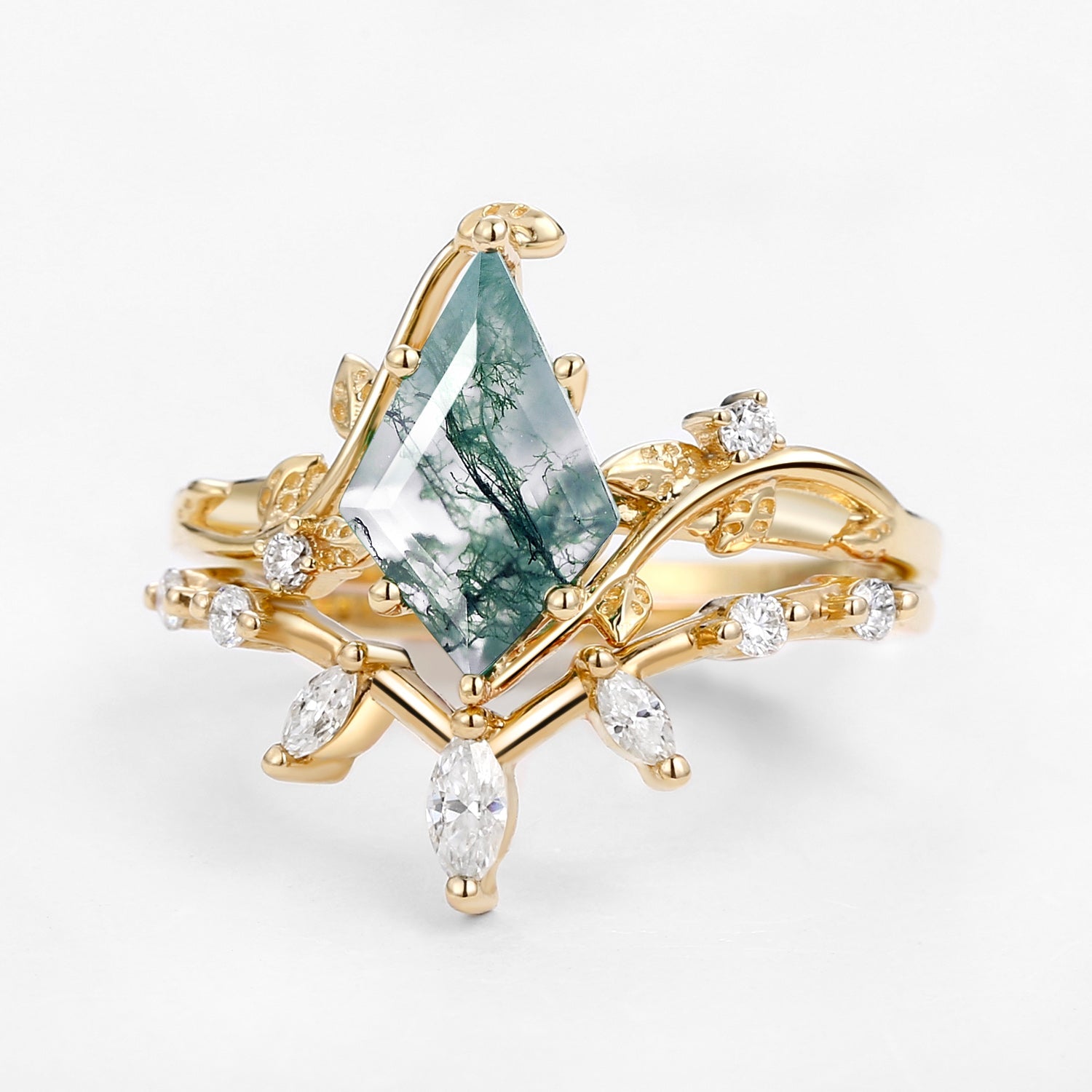Moss Agate Leafy Marquise Engagement Ring Set 2pcs