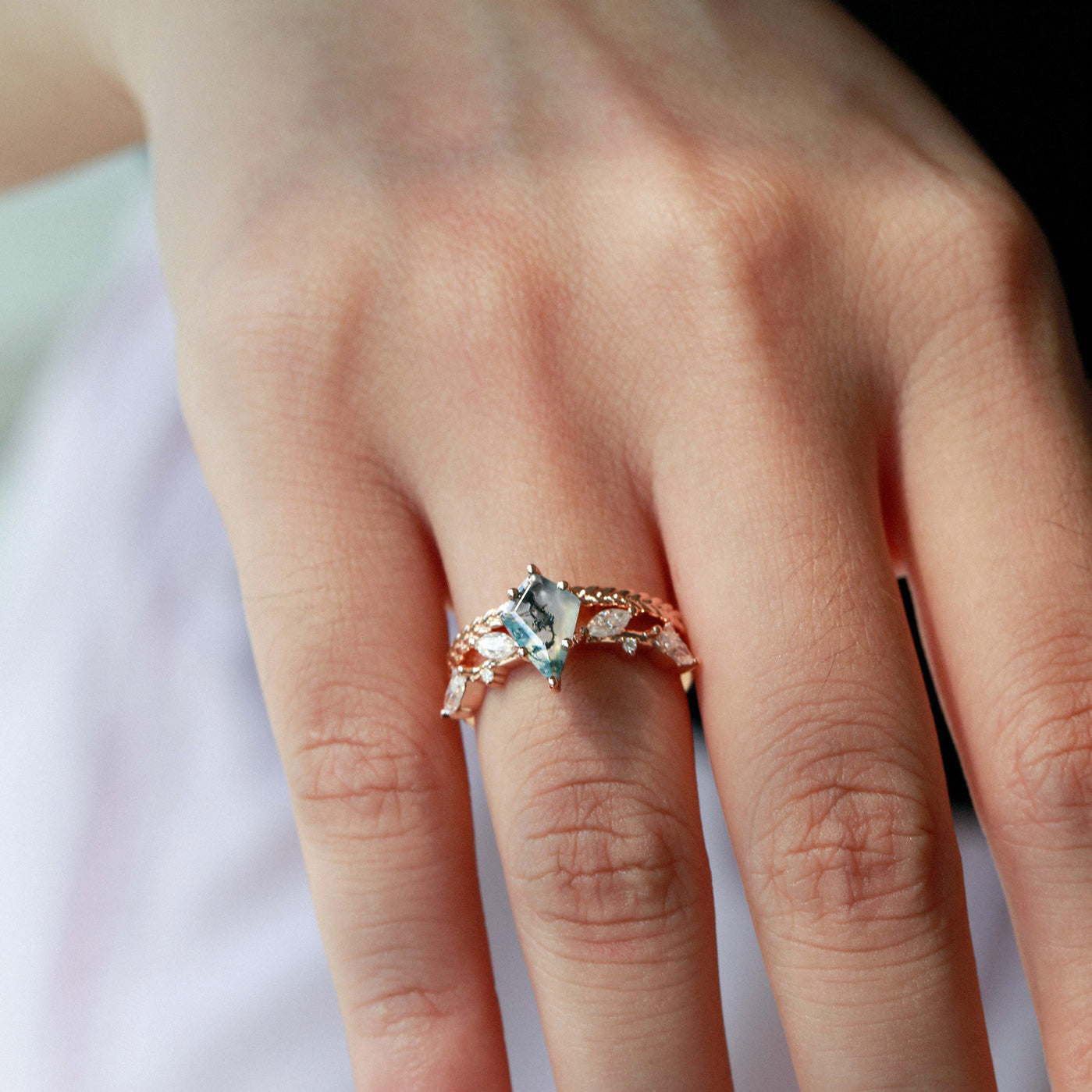 Kite Cut Moss Agate Leafy Vintage Engagement Ring Set 2pcs - Kelp